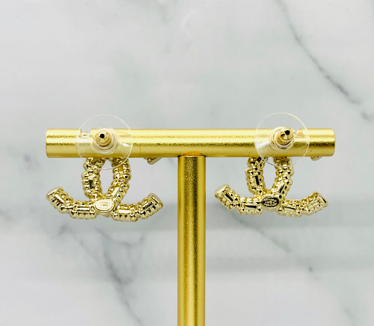 CHANEL CC Gold Tone Rhinestone Earrings - USED