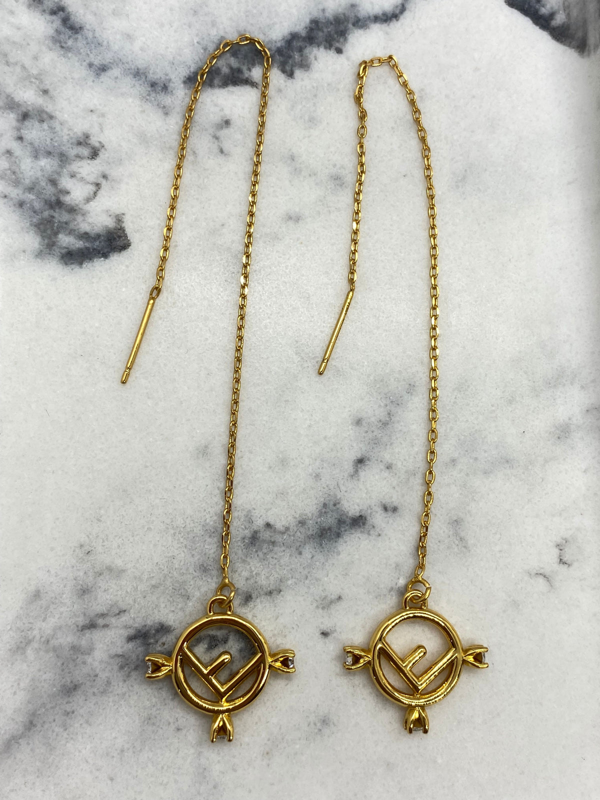 FENDI F Gold Tone Threaded Rhinestone Earrings - Pre owned