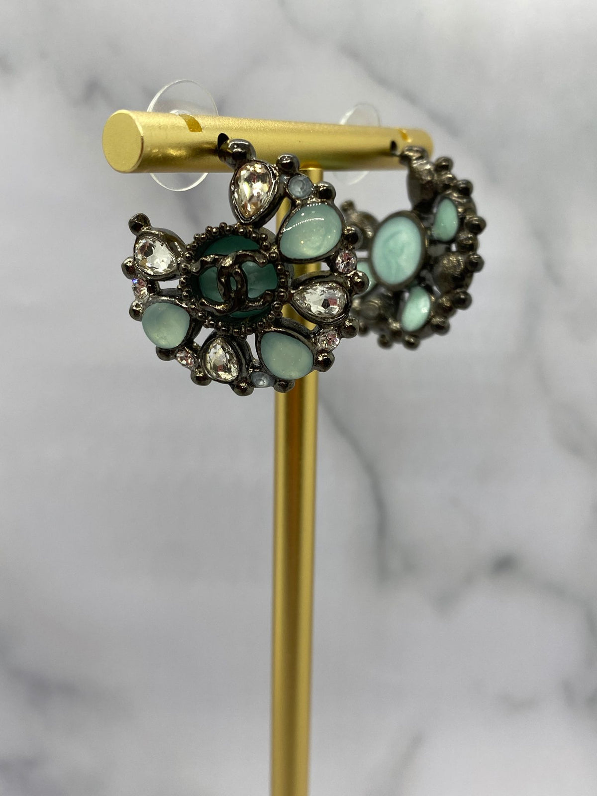CHANEL CC Aqua Stone Hoop Earrings - USED