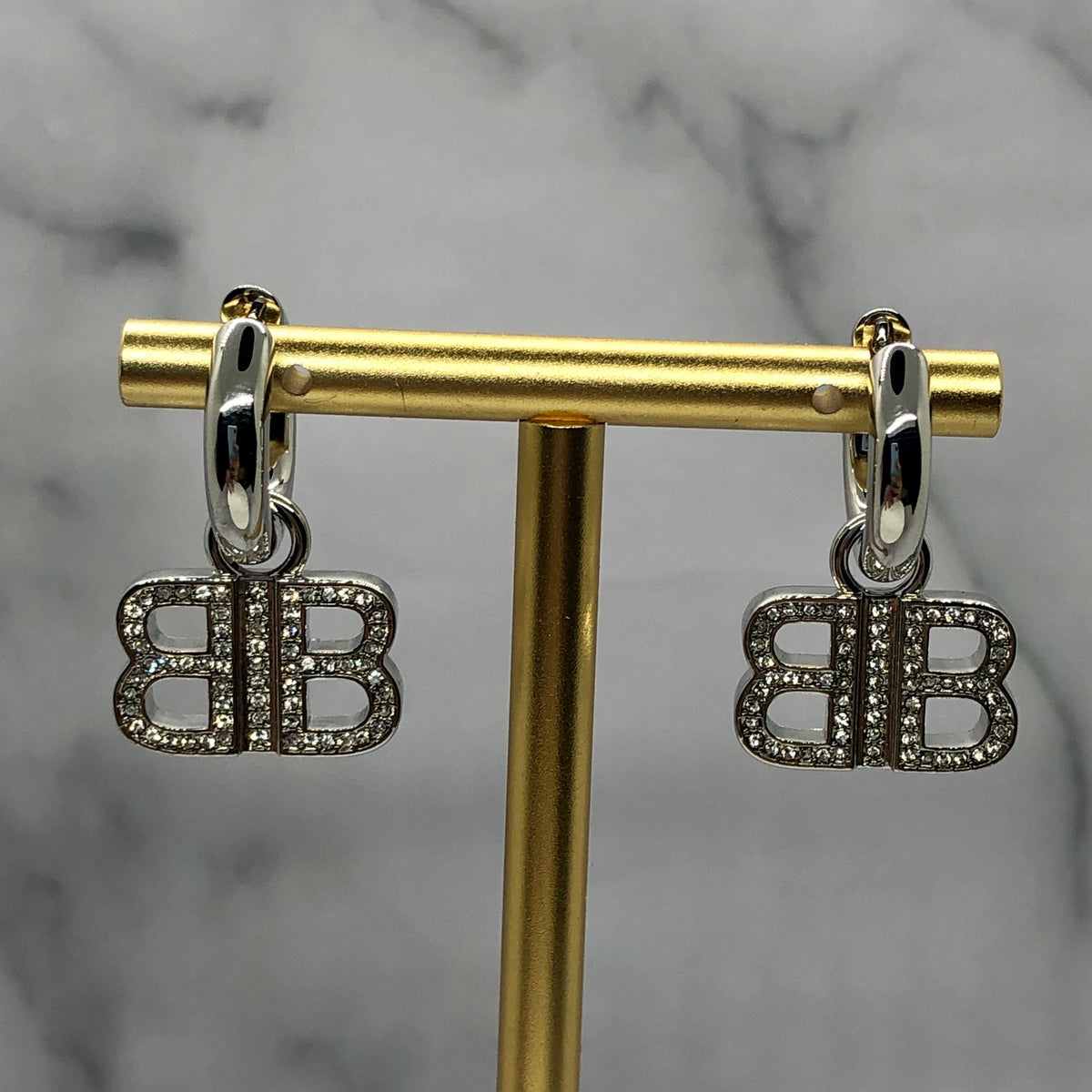 BALENCIAGA BB Silver Tone Rhinestone Earrings - Pre owned