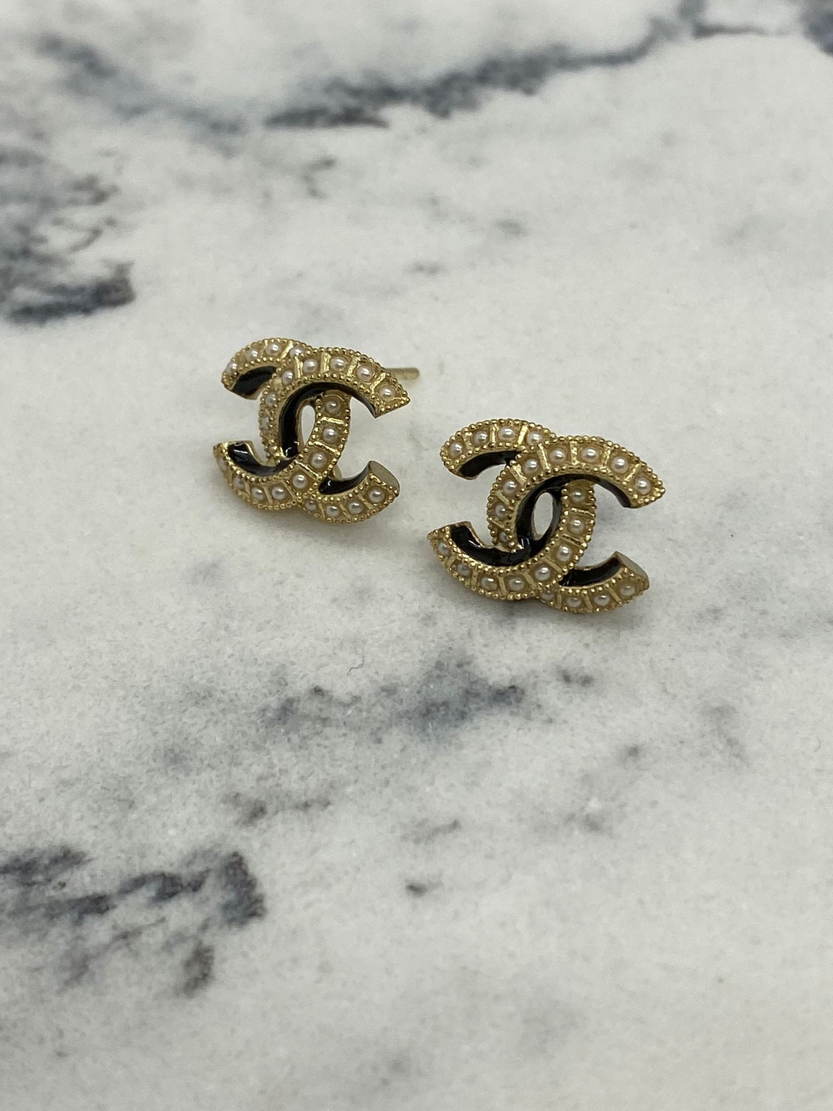 CHANEL CC Gold Tone Pearl Small Earrings - USED