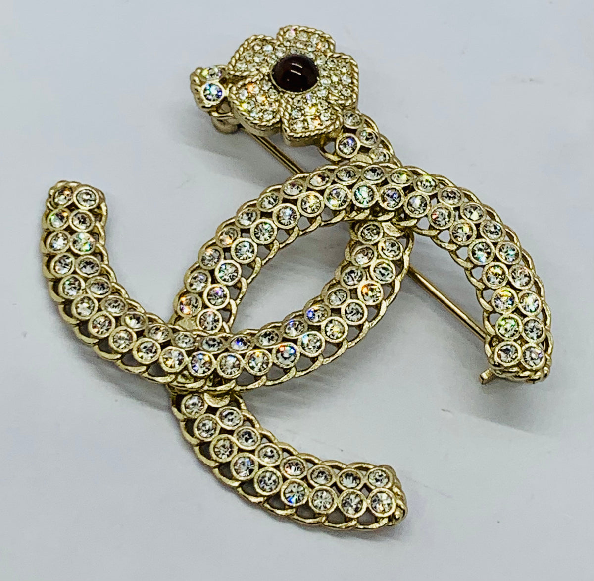 CHANEL CC Rhinestone Flower Brooch Pin - USED
