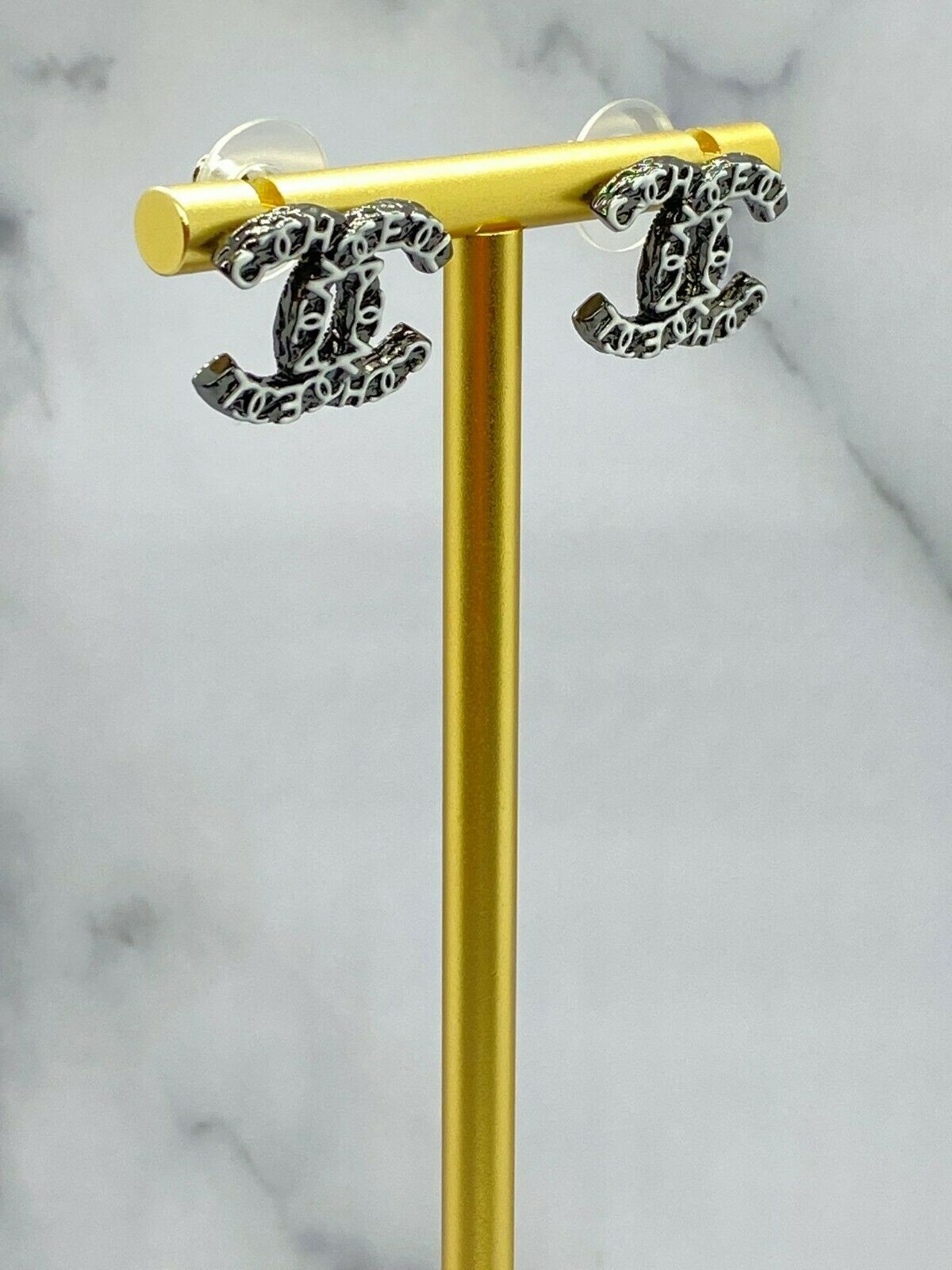 CHANEL CC Black & White Monogram Earrings - Pre Owned