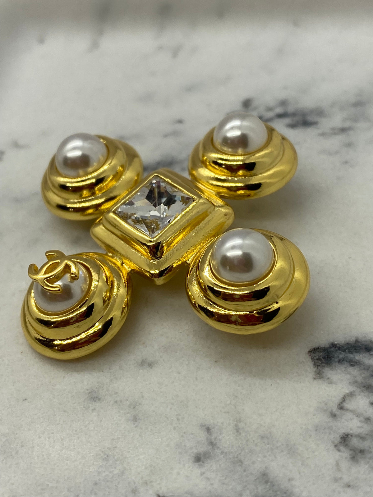 CHANEL CC Gold Tone Cross Pearl Brooch Pin - USED