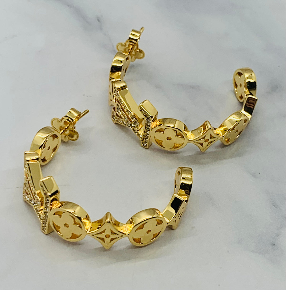 LOUIS VUITTON LV Monogram Rhinestone Hoop Earrings - USED