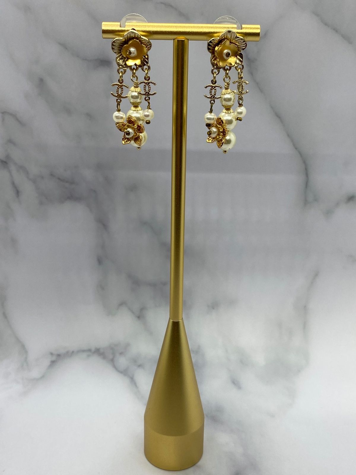 CHANEL CC 2017 Rare Golden Camelia Blossom Earrings - USED