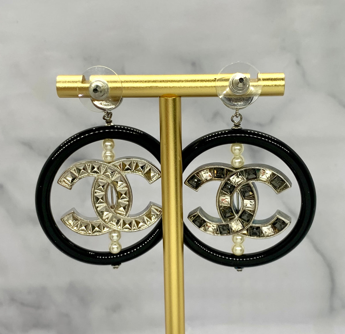 CHANEL CC Rhinestone Spinning Hoop Earrings - USED
