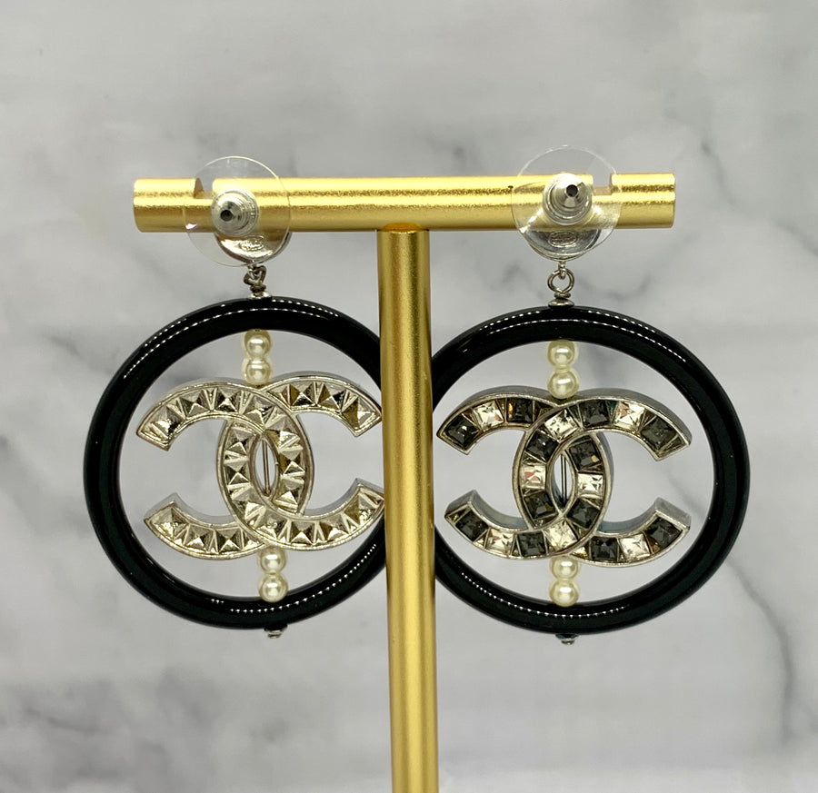 CHANEL CC Rhinestone Spinning Hoop Earrings - USED