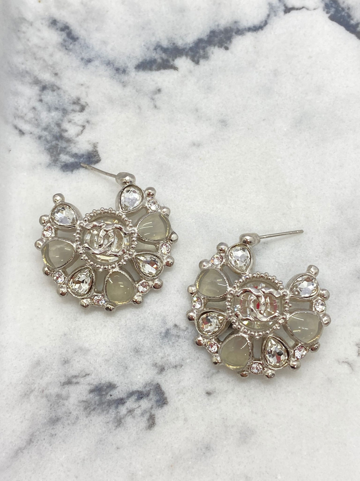 CHANEL Silver Tone Rhinestone Disc Earrings - Pre owned