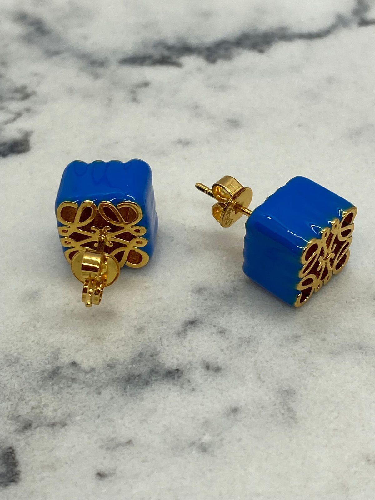 LOEWE Gold Tone & Blue Enamel Monogram Earrings - Pre owned
