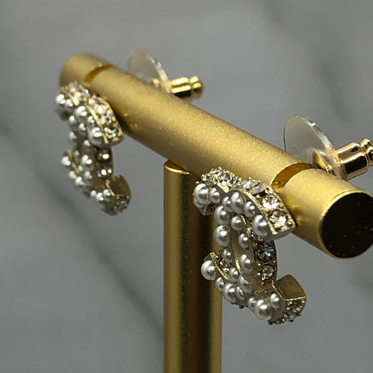 CHANEL CC Gold Tone Pearl Trim Mini Earrings - USED