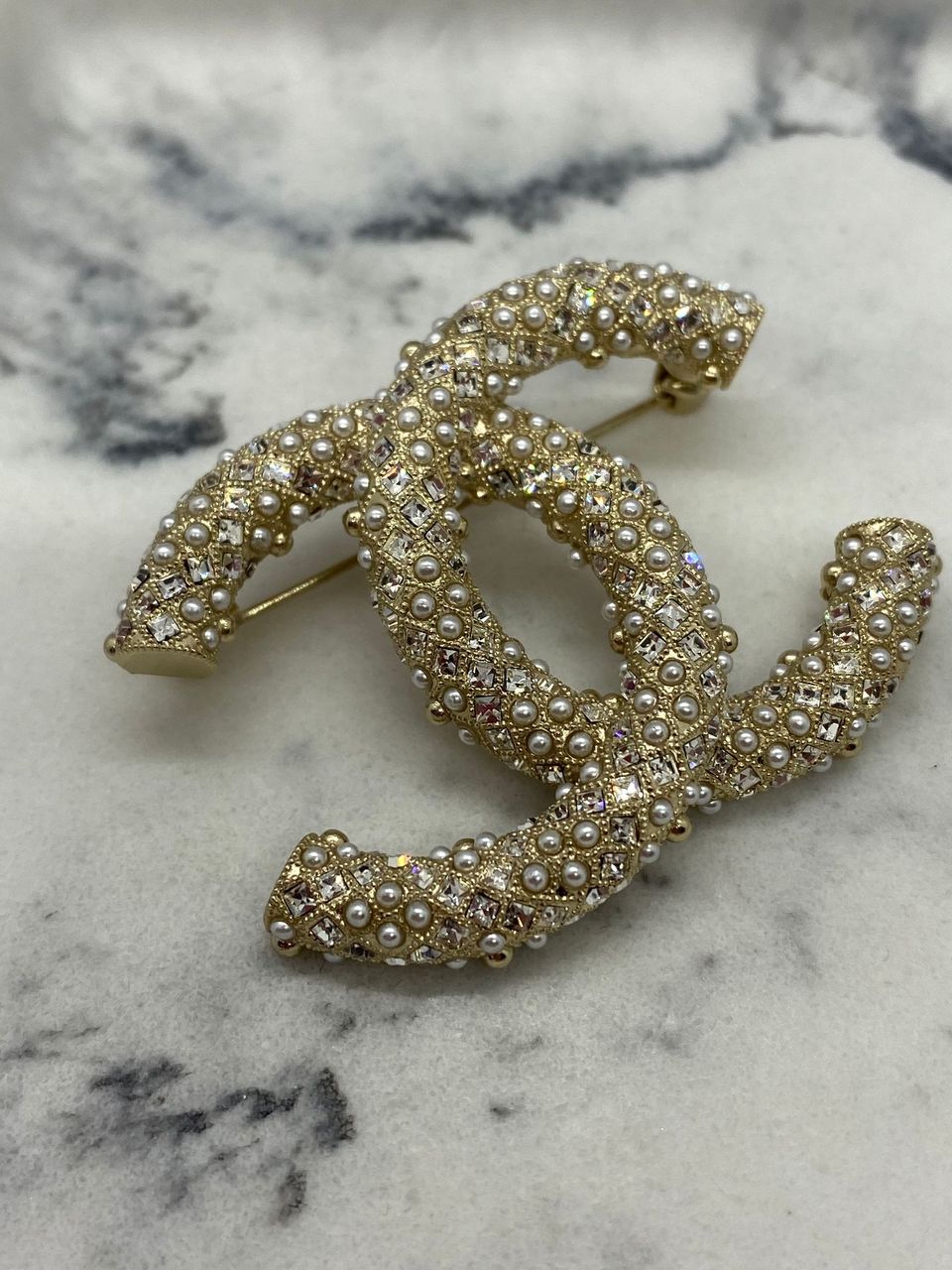 CHANEL CC Gold Tone Rhinestone Brooch Pin - USED