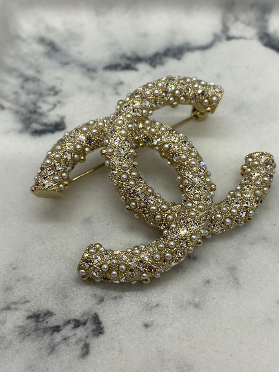 CHANEL CC Gold Tone Rhinestone Brooch Pin - USED