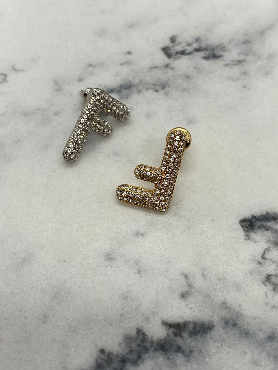 FENDI F Silver & Gold Tone Rhinestone Earrings - Pre owned