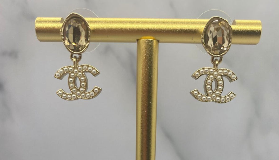 CHANEL CC Gold Tone Rhinestone Pendant Earrings - Pre owned