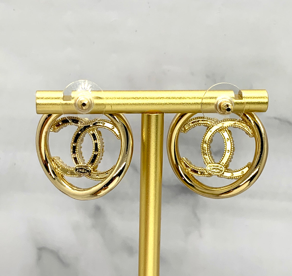 CHANEL CC Gold Tone Rhinestone Earrings - Pre owned