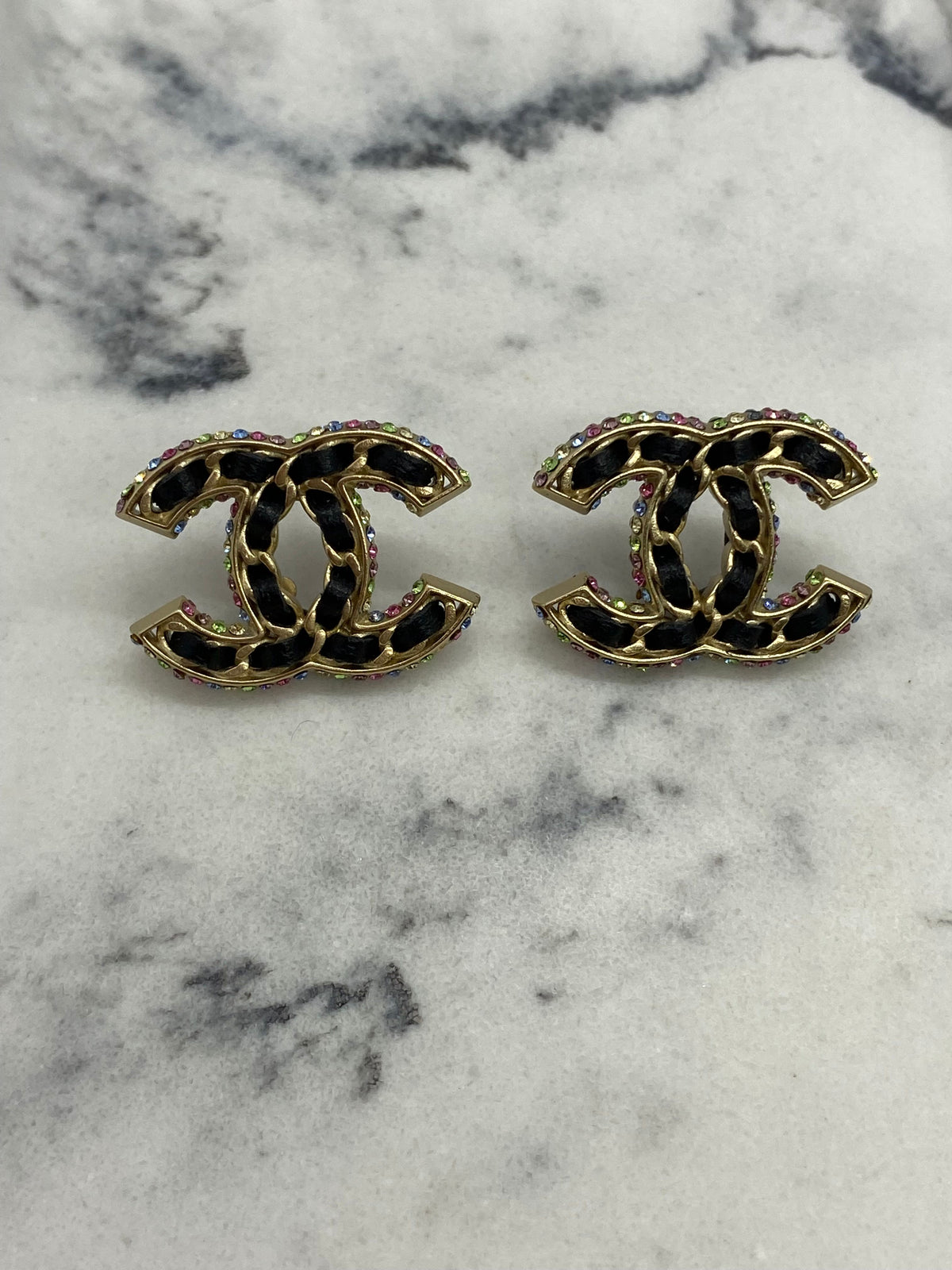 CHANEL Leather & Rhinestone Trim Earrings - Pre owned /