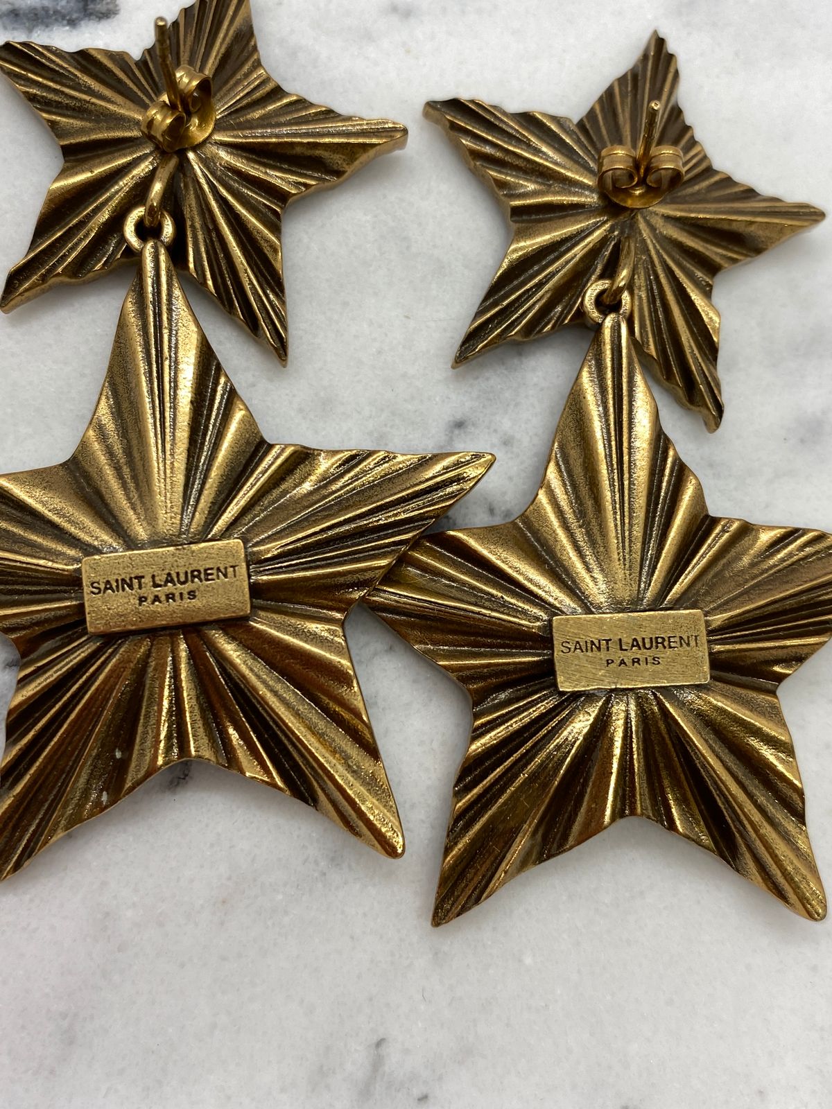 YSL YVES SAINT LAURENT Brass Tone Double Star Earrings - Pre owned