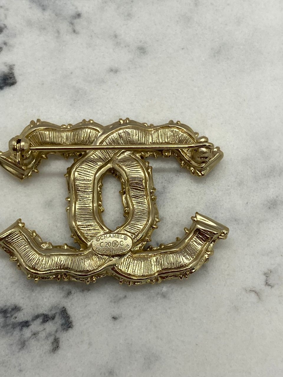 CHANEL CC Rhinestone Trim Brooch Pin - USED