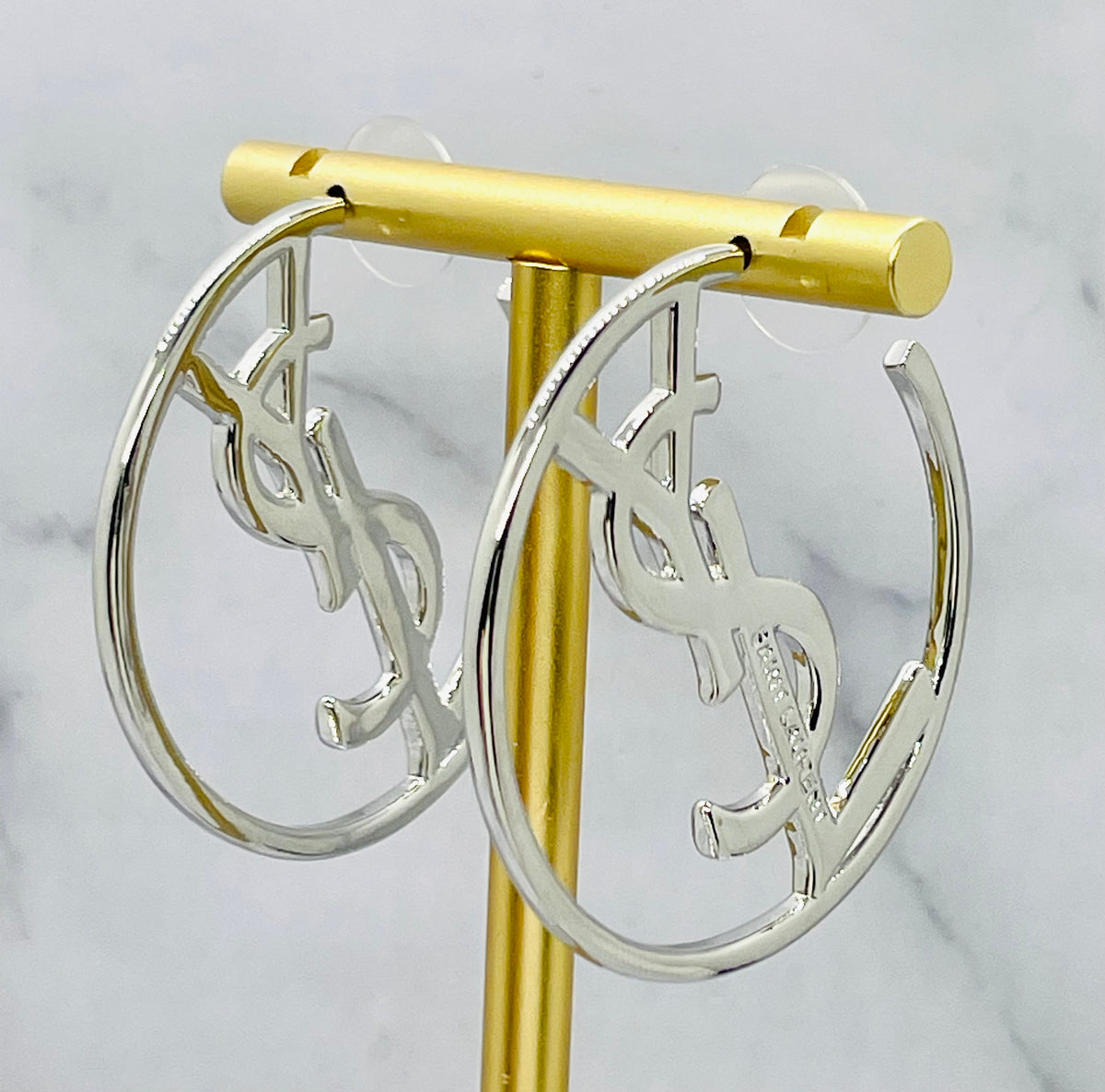 YSL YVES SAINT LAURENT Vintage Silver Tone Hoop Earrings - Pre owned