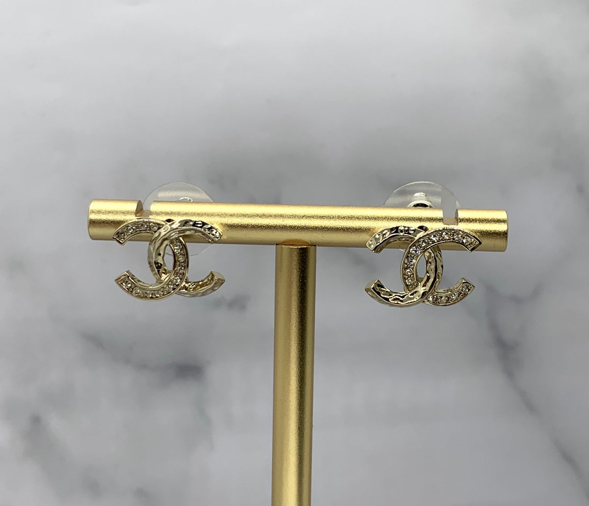 CHANEL CC Gold Tone Rhinestone Earrings - USED