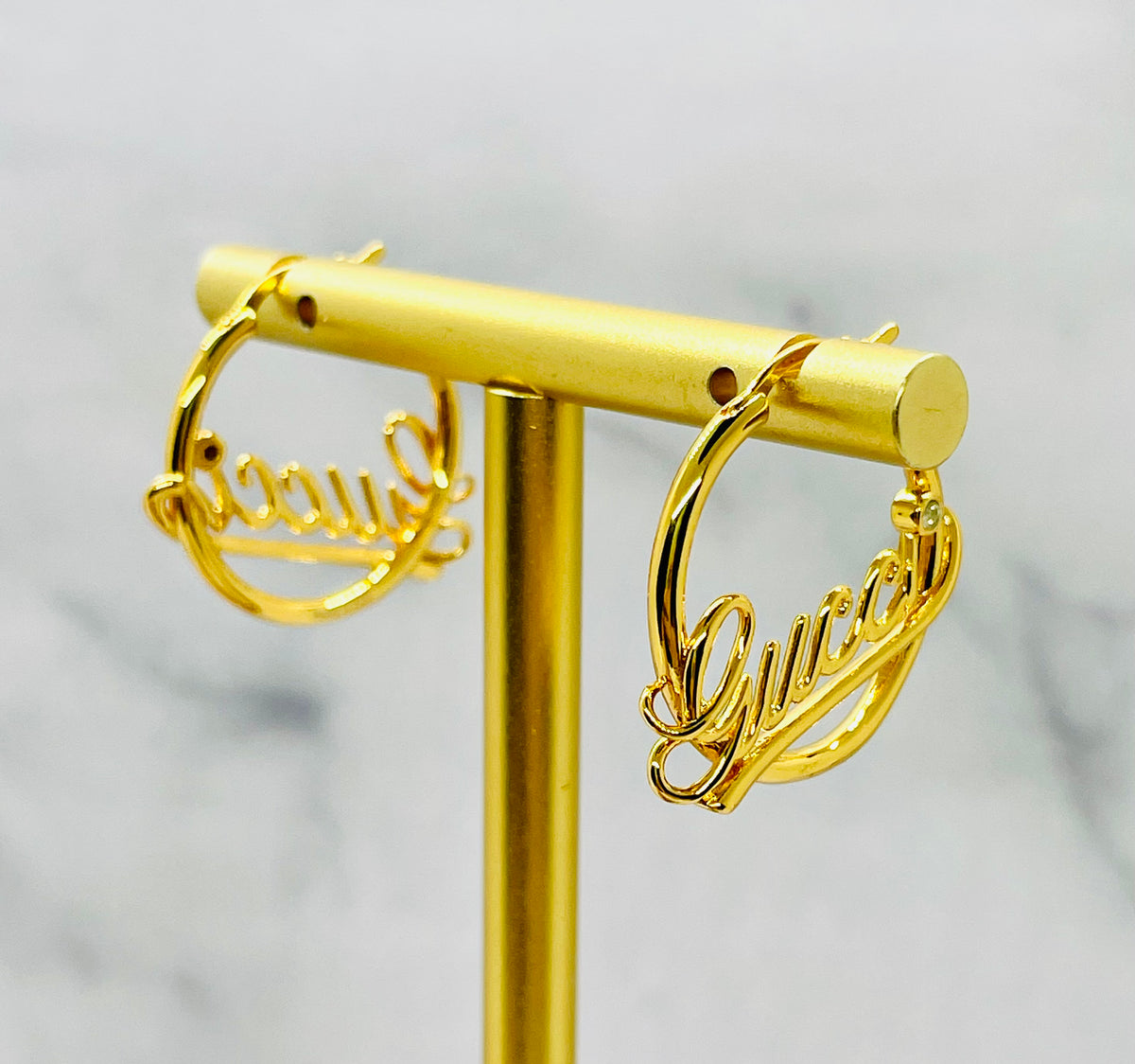 GUCCI Script Gold Tone Hoop Earrings - Pre owned