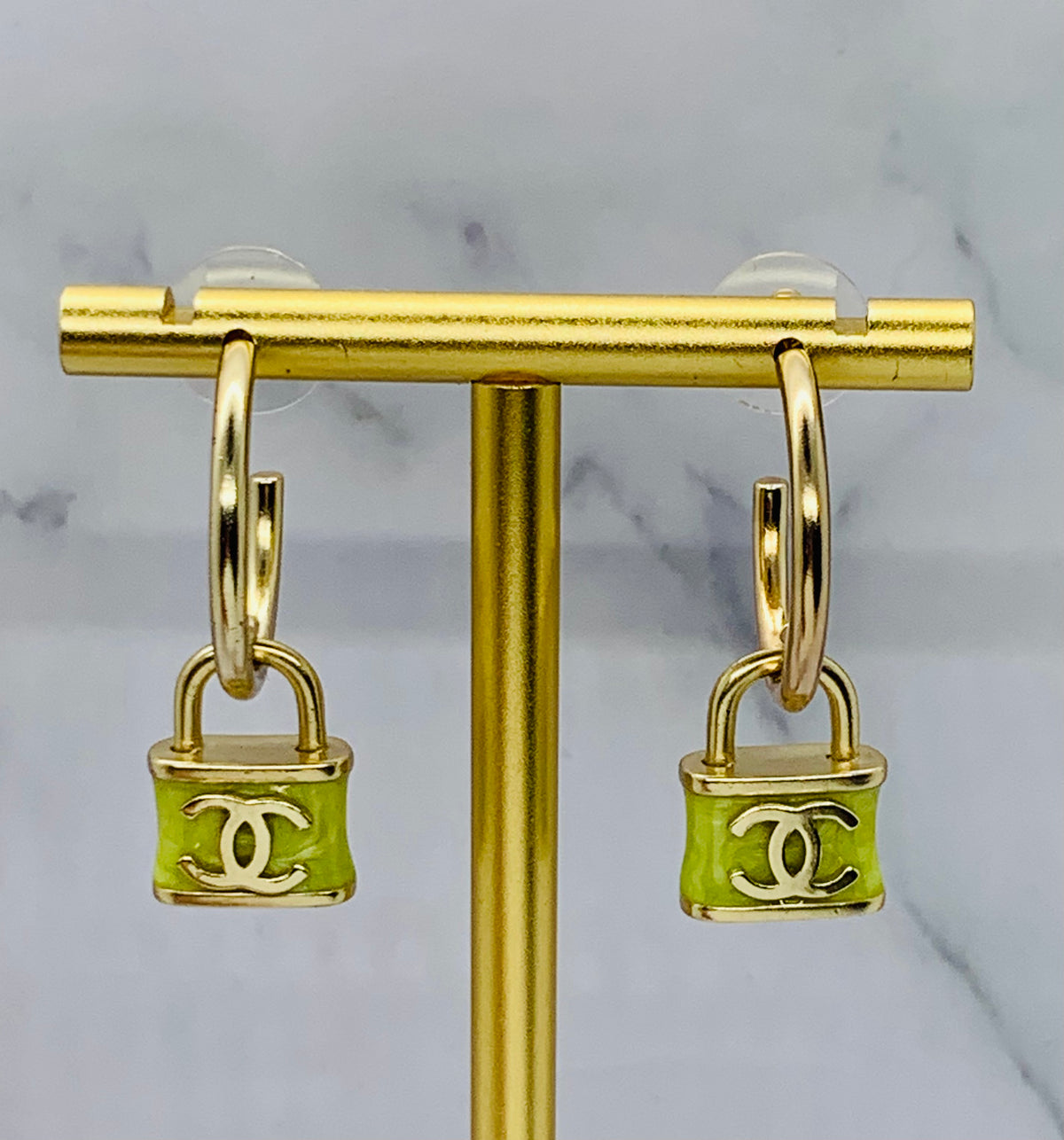 CHANEL CC Green Lock Pendant Hoop Earrings - USED