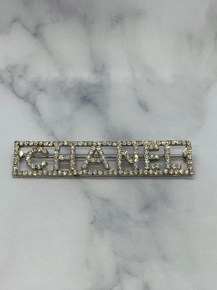 CHANEL Silver Tone Rhinestone Nameplate Brooch Pin - Pre owned