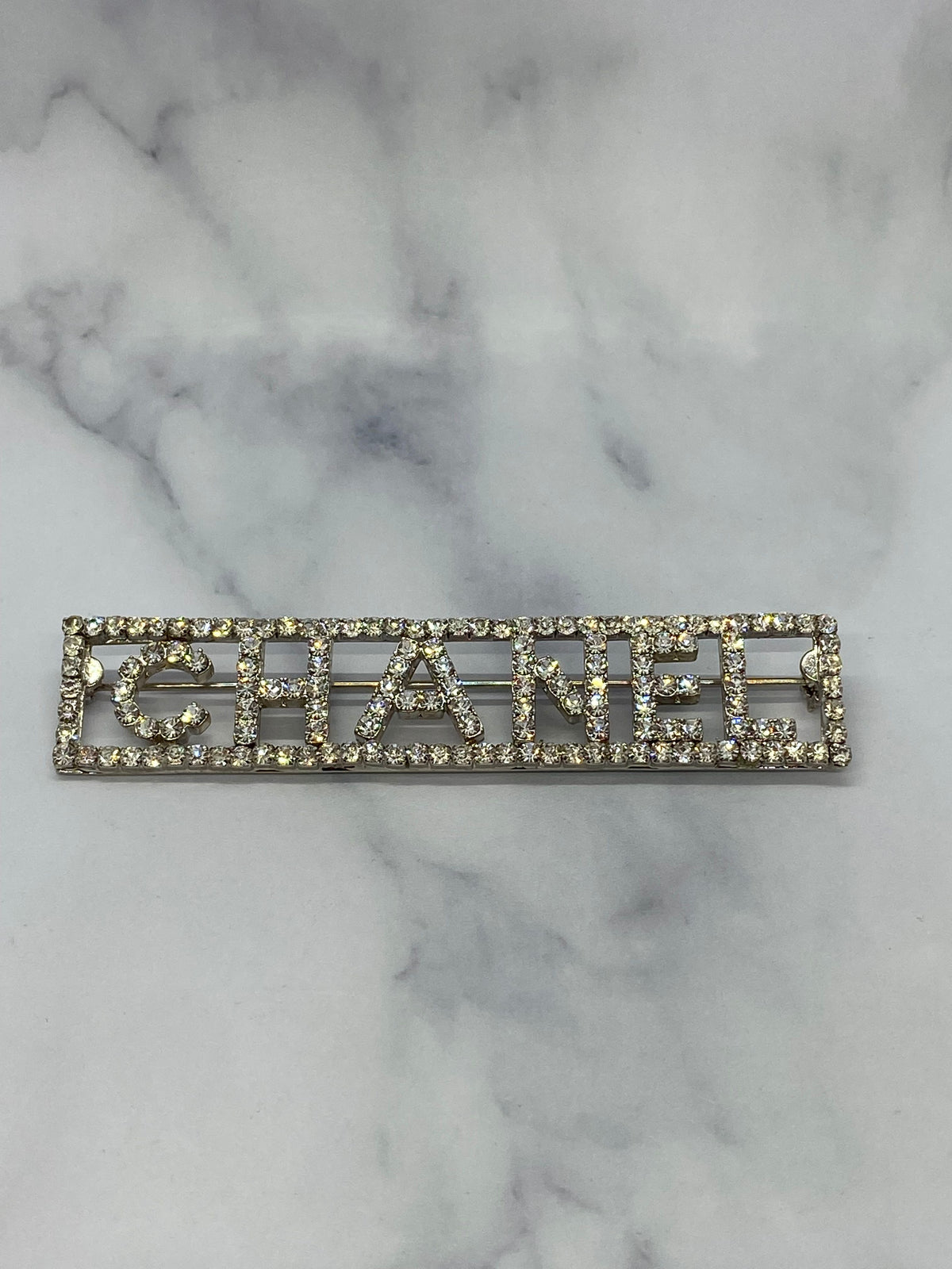 CHANEL Silver Tone Rhinestone Nameplate Brooch Pin - Pre owned