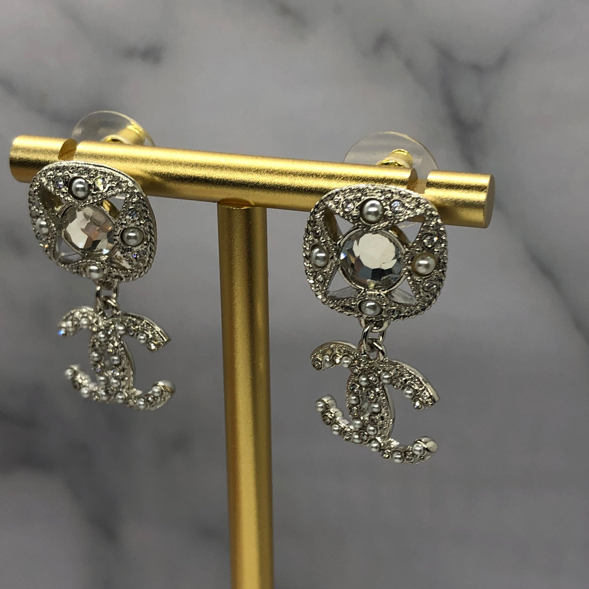CHANEL CC Silver Tone Pendant Earrings - Pre owned