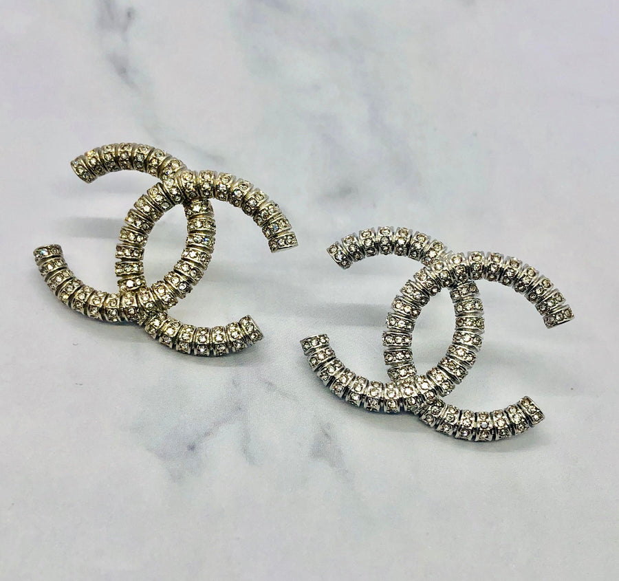 CHANEL CC Silver Tone Rhinestone Earrings - USED