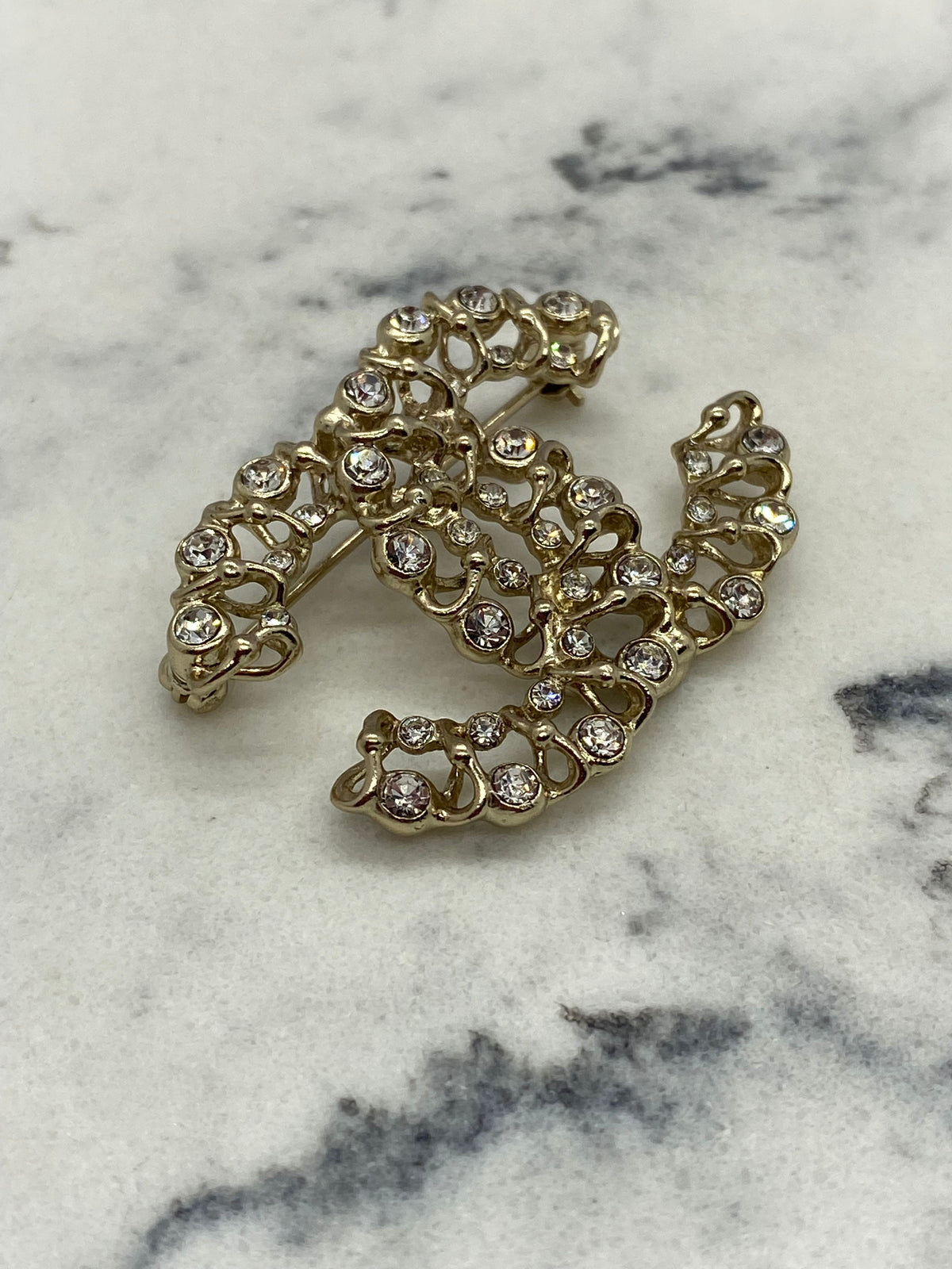 CHANEL Gold Tone Rhinestone Brooch Pin - USED
