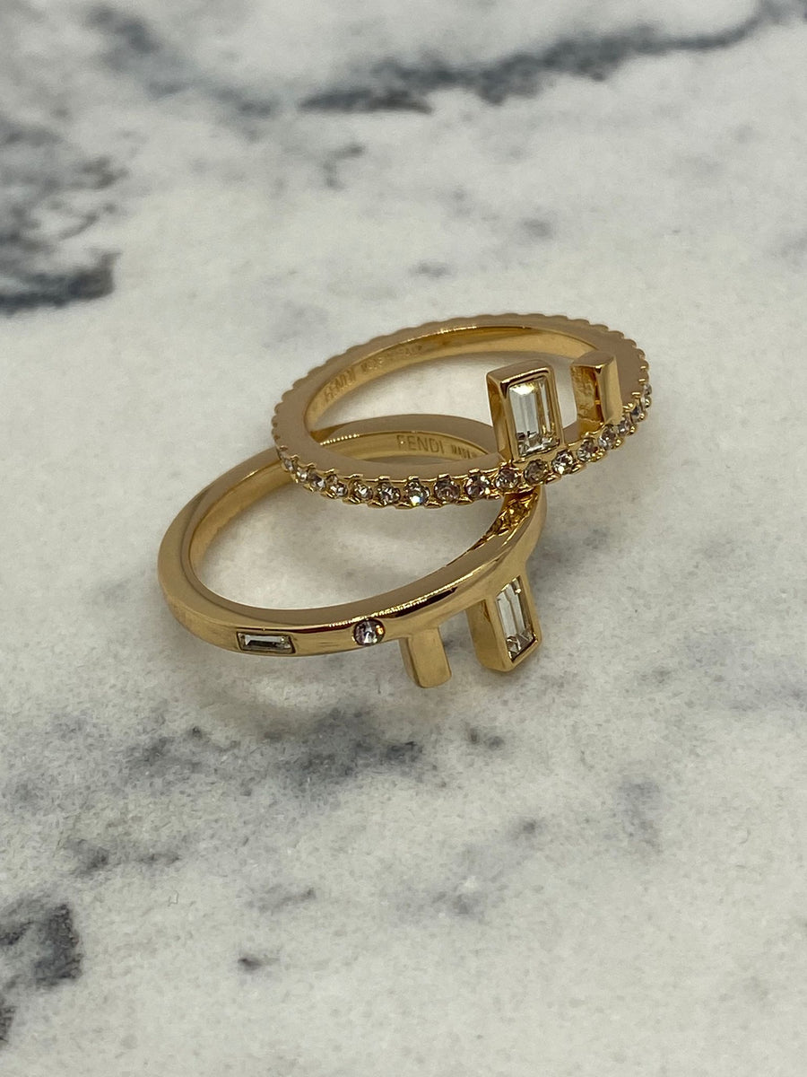 FENDI F Gold Tone Rhinestone 2 Ring Set size M - Pre owned