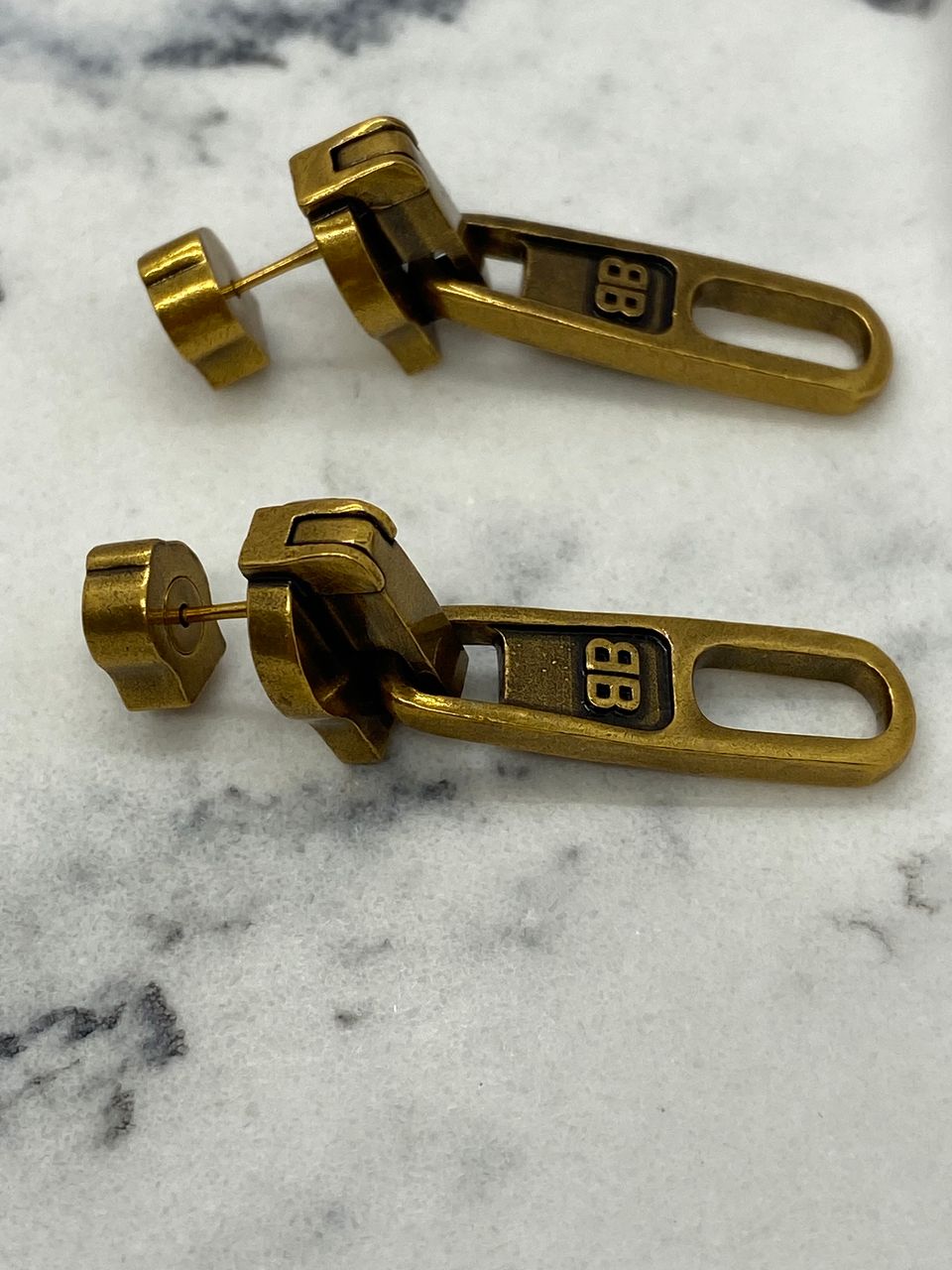 BALENCIAGA BB Brass Tone Zipper Earrings - USED
