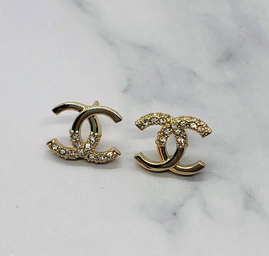 CHANEL CC Gold Tone Rhinestone Earrings - Pre owned
