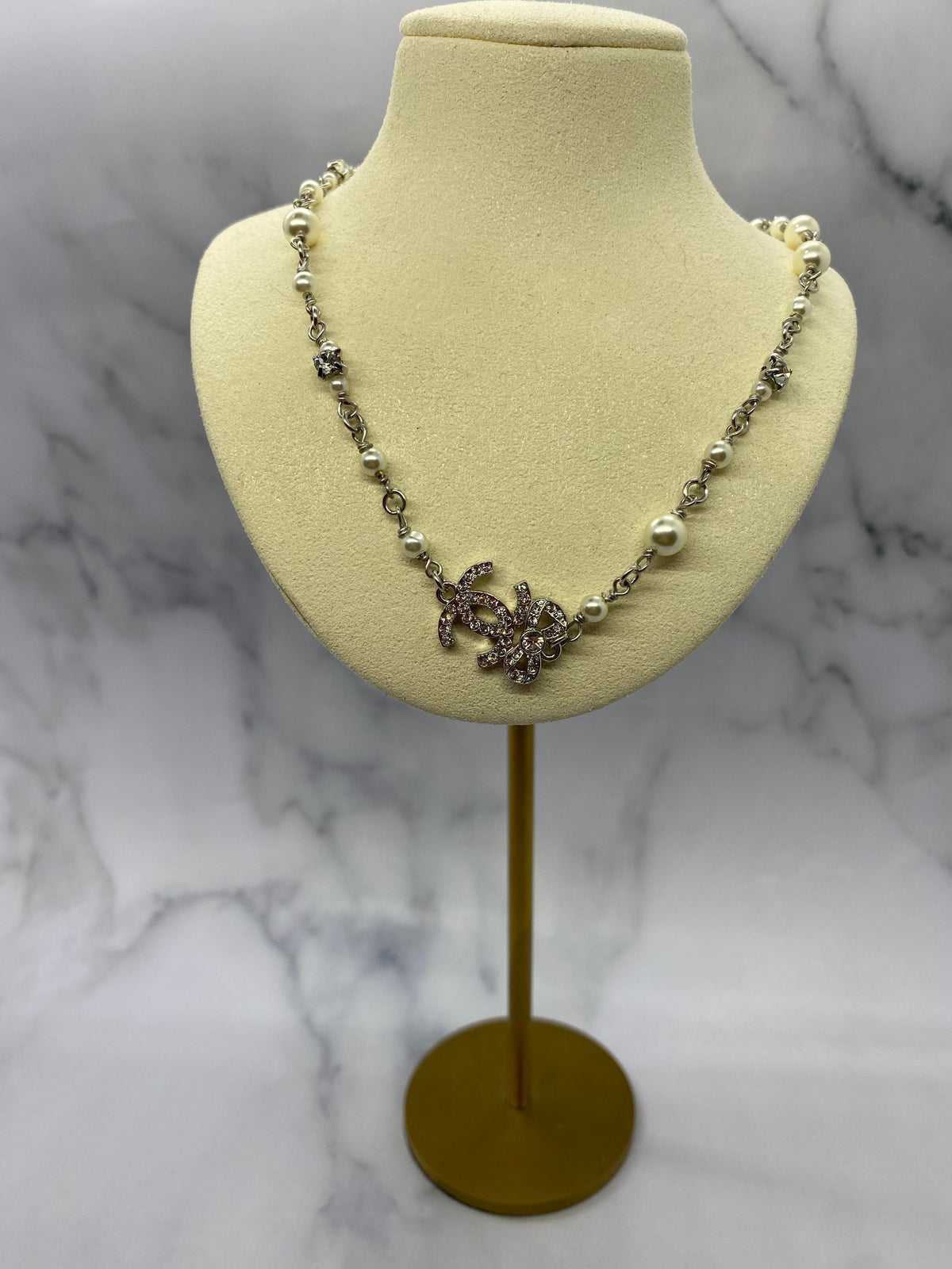 CHANEL CC Silver Tone Rhinestone Necklace - USED
