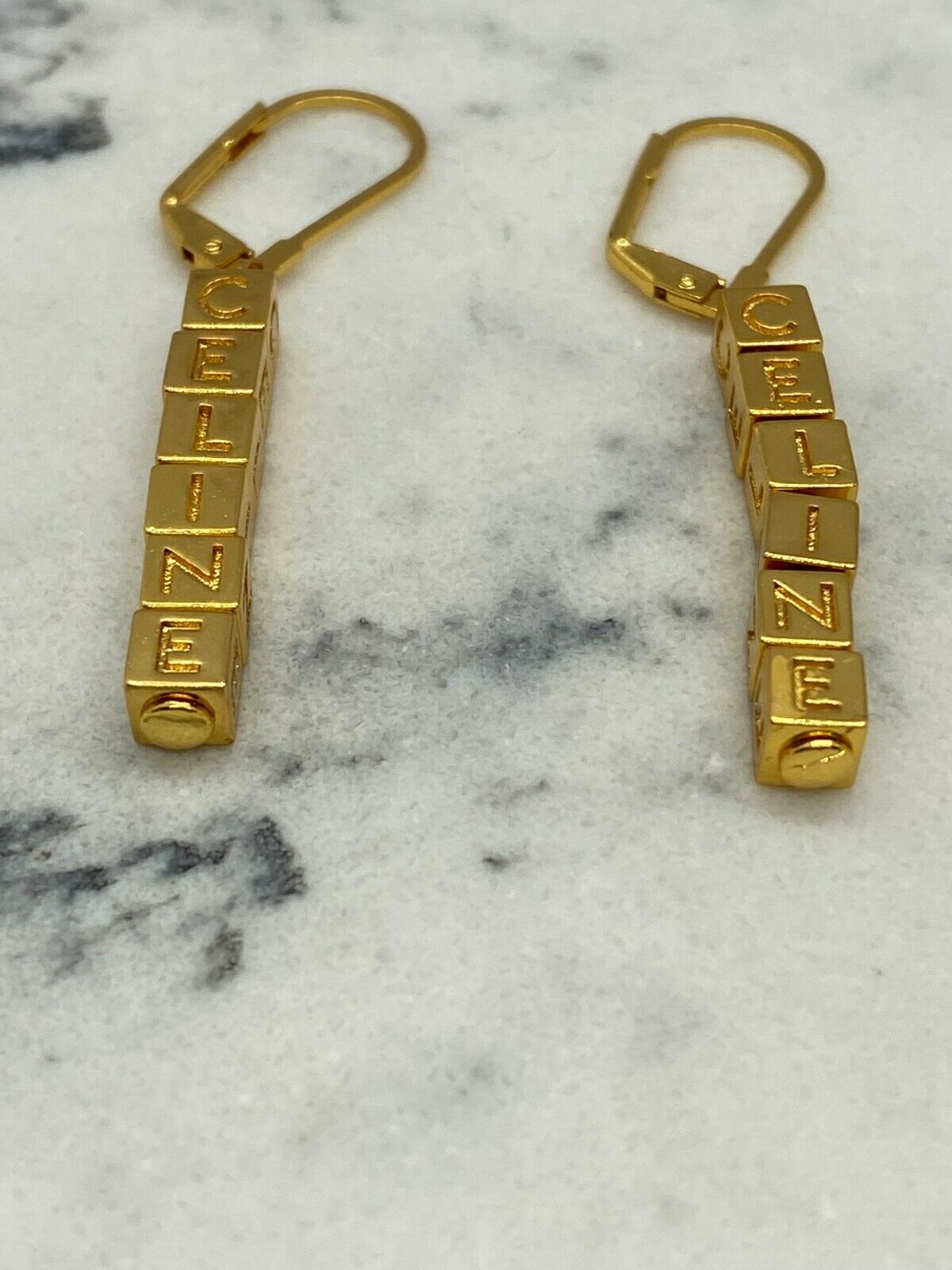 CELINE Gold Tone Block Letter Pendant Earrings - Pre owned