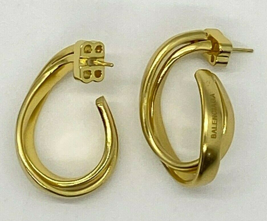 BALENCIAGA BB Gold Tone Noodle Hoop Earrings - Pre owned