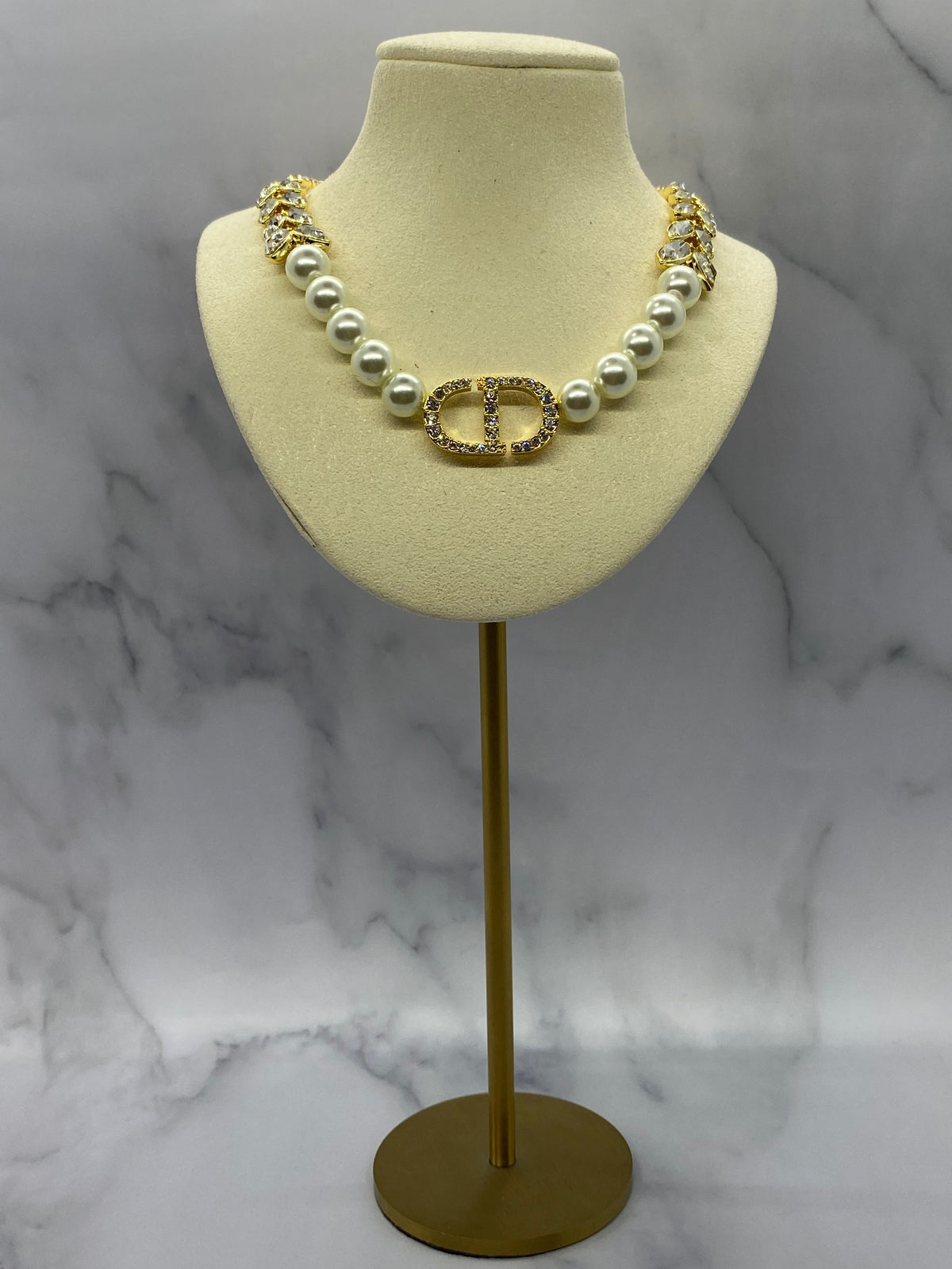 CHRISTIAN DIOR CD Pearl Rhinestone Statement Necklace - Pre owned