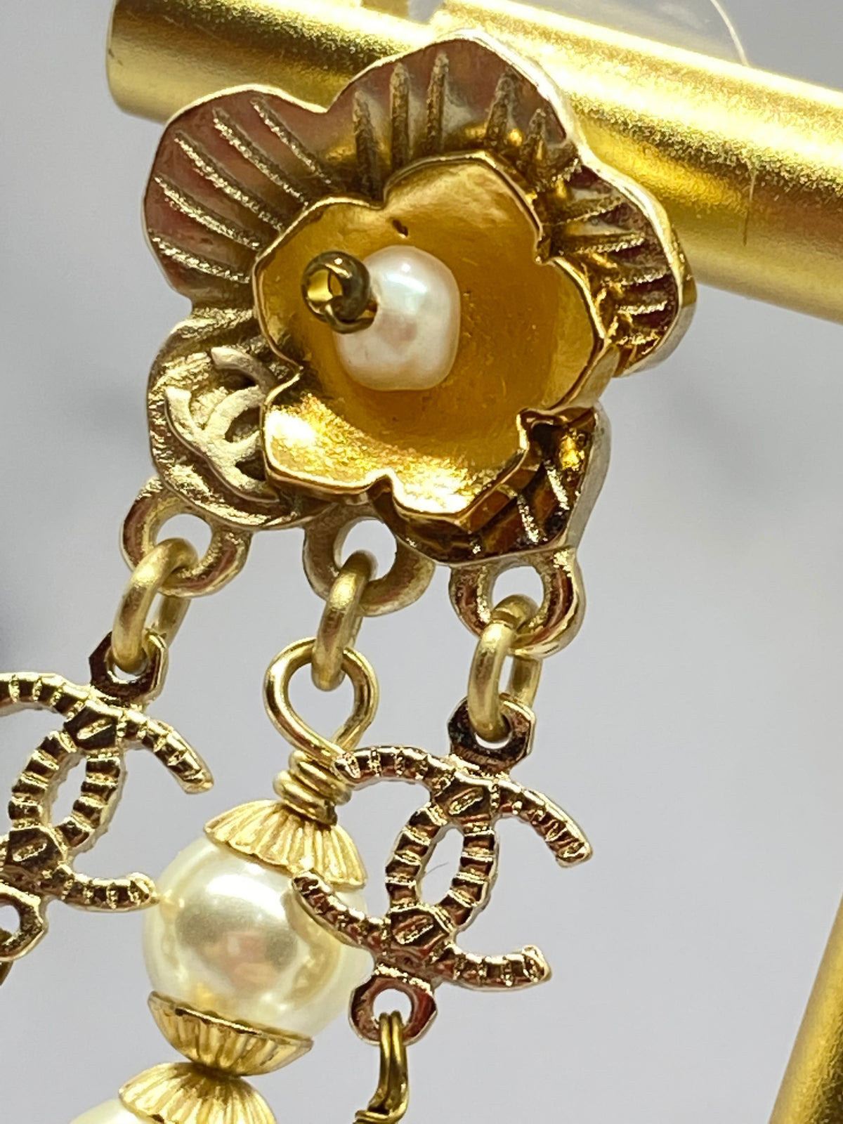 CHANEL CC 2017 Rare Golden Camelia Blossom Earrings - USED