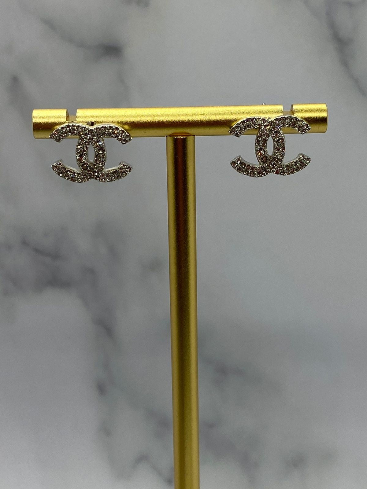 CHANEL CC Silver Tone Rhinestone Earrings - Pre owned