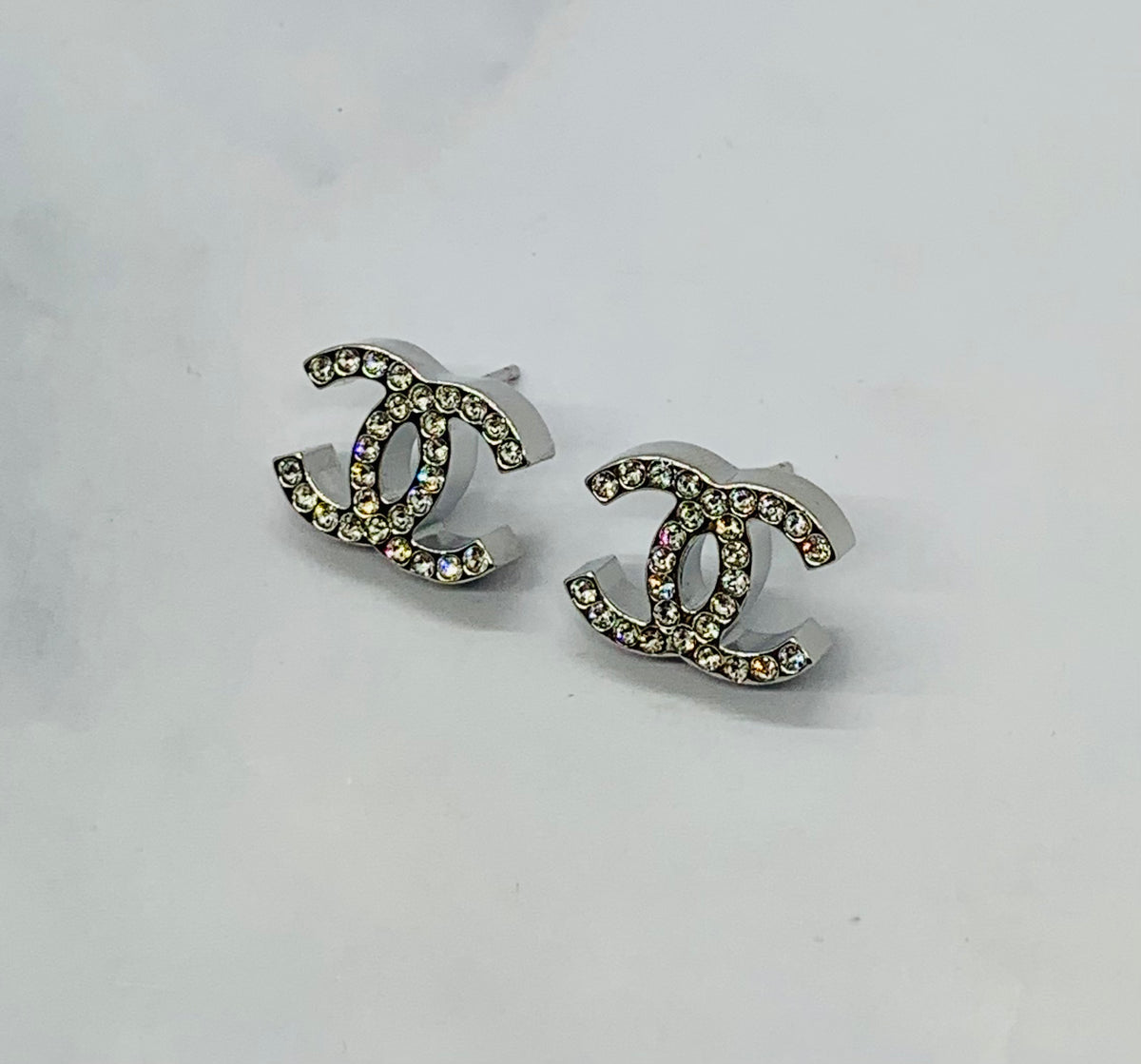 CHANEL CC Silver Tone Thick Rhinestone Earrings - Pre owned