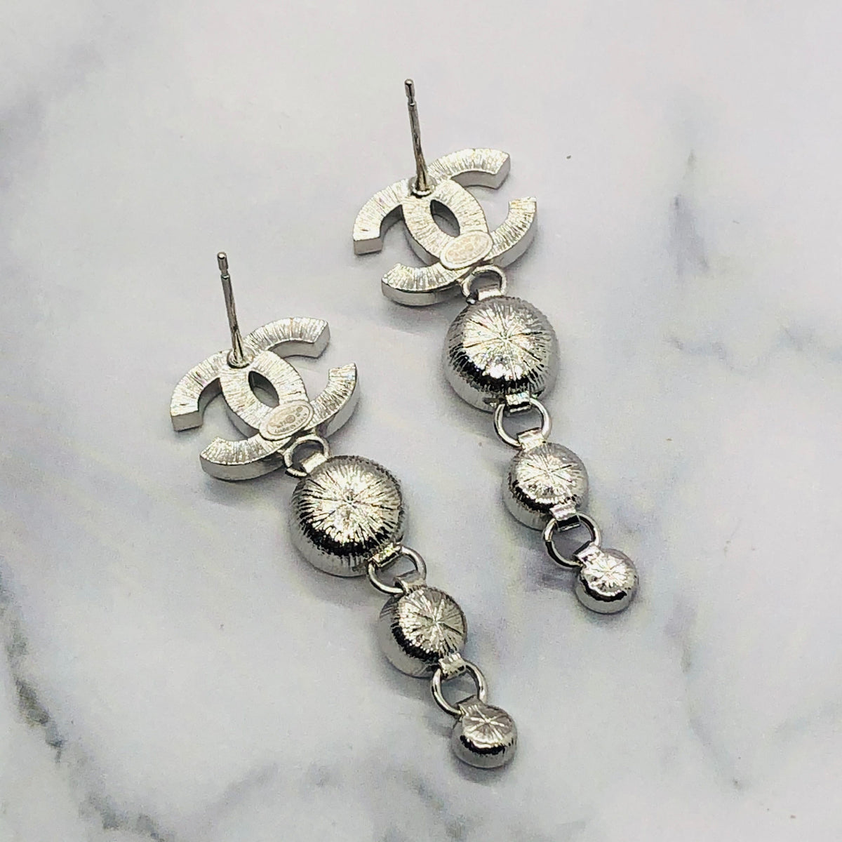 CHANEL CC Silver Tone Rhinestone Pendant Earrings - Pre owned
