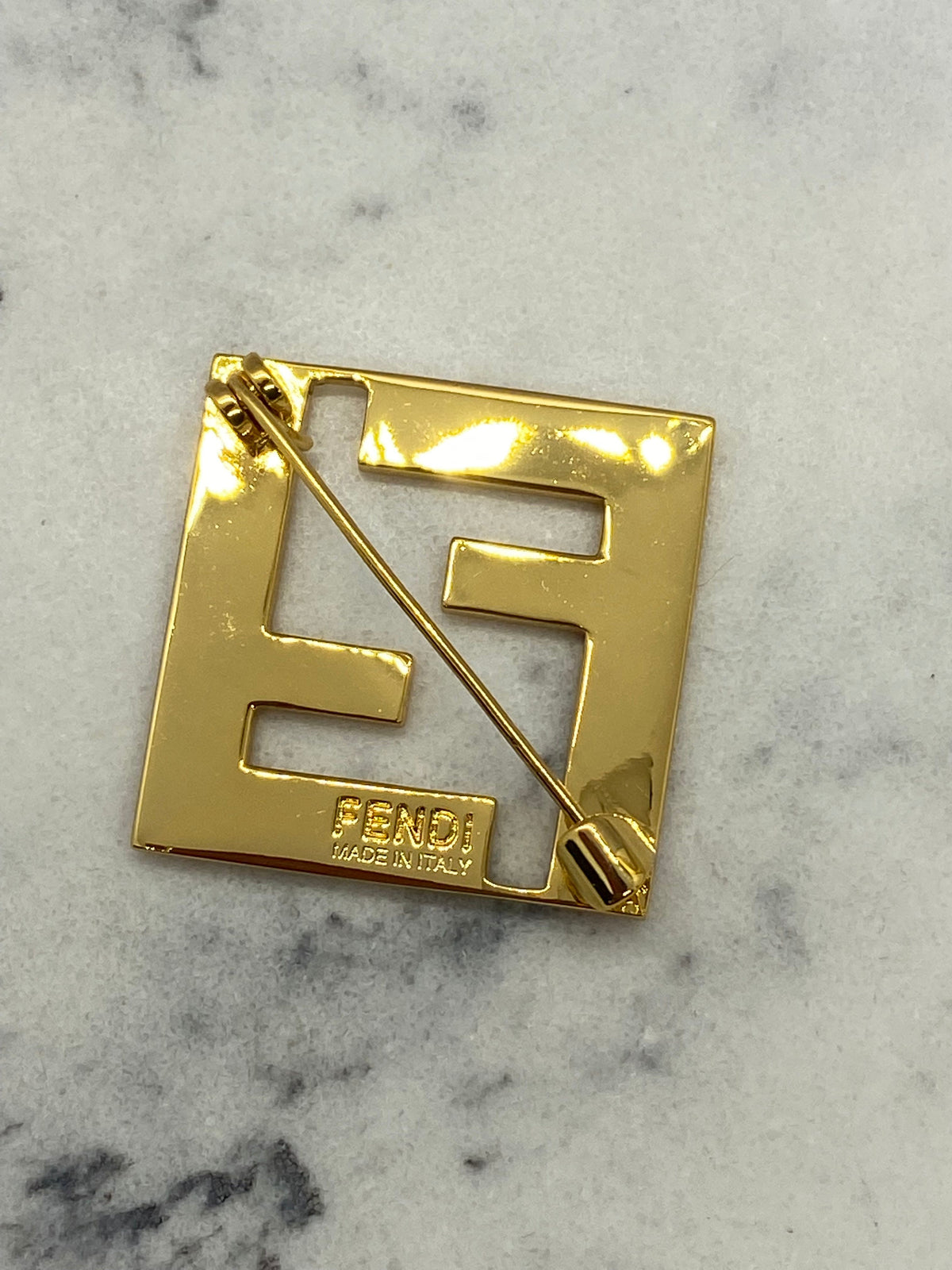 FENDI F Gold Tone Orange Enamel Brooch Pin - Pre owned