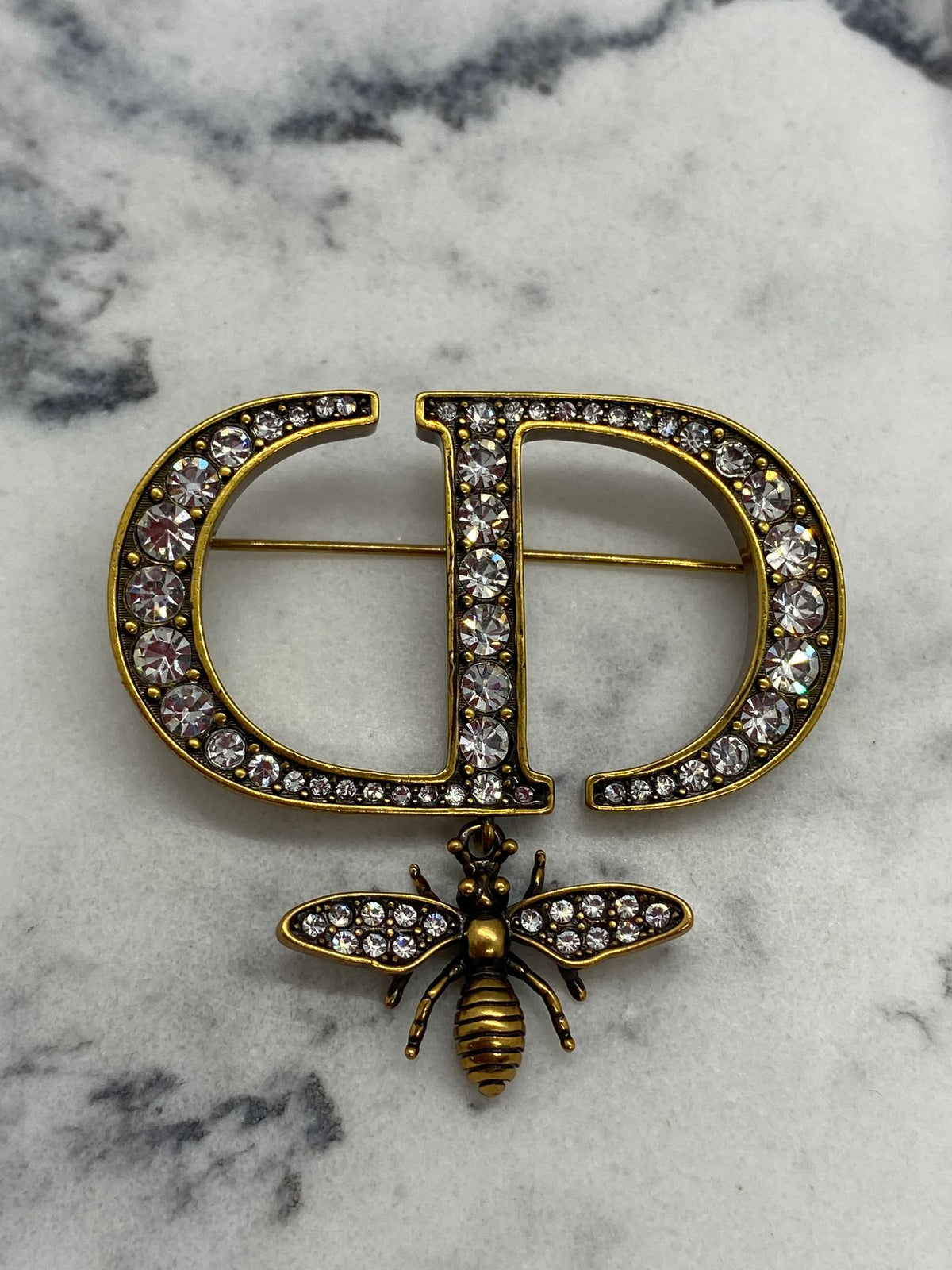 CHRISTIAN DIOR CD Brass Rhinestone Brooch Pin - Pre owned