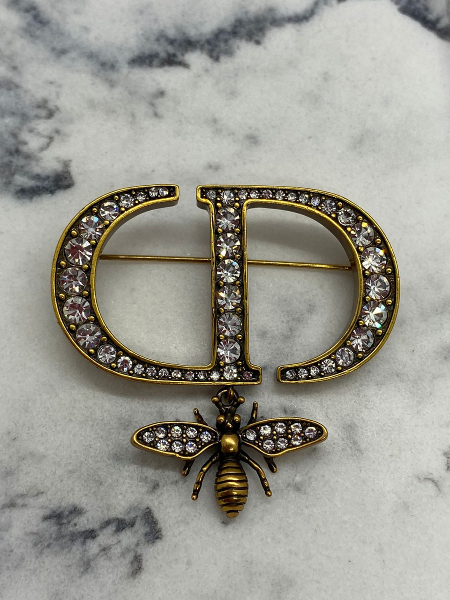 CHRISTIAN DIOR CD Brass Rhinestone Brooch Pin - Pre owned