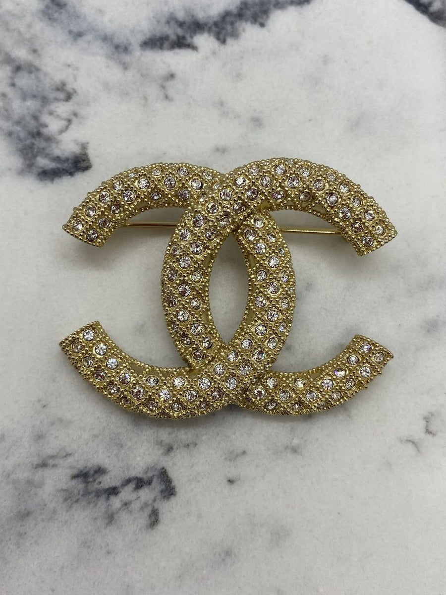 CHANEL CC Gold Tone Rhinestone Brooch Pin - USED