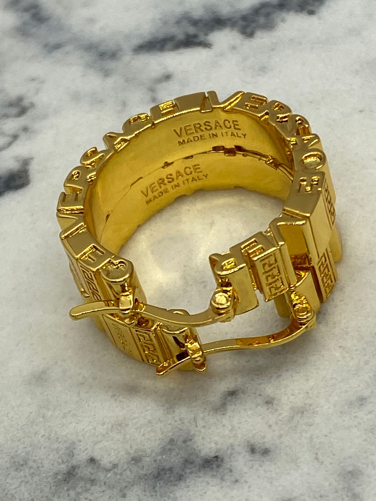 VERSACE Vintage Gold Tone Monogram Hoop Earrings - Pre owned