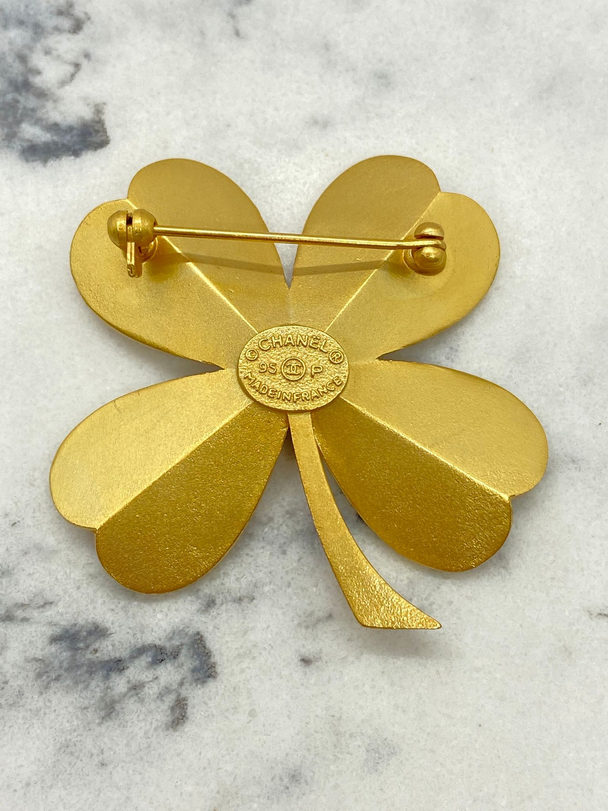 CHANEL CC Vintage Gold Tone Clover Brooch Pin - USED