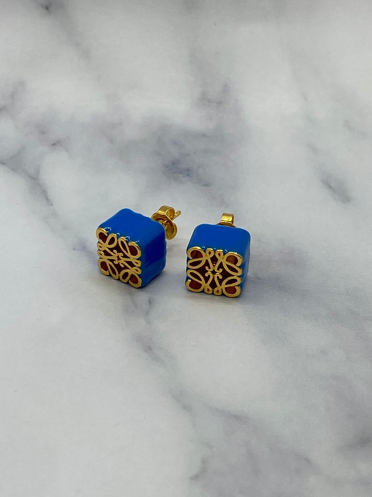 LOEWE Gold Tone & Blue Enamel Monogram Earrings - Pre owned